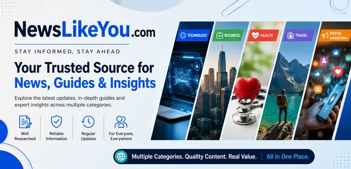 NewsLikeYou Com banner featuring technology, business, health, travel, and digital marketing categories with a modern online content platform design.