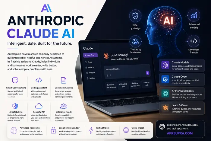 Anthropic Claude AI infographic showcasing Claude models, Anthropic API, AI safety, enterprise solutions, and developer tools (2026)