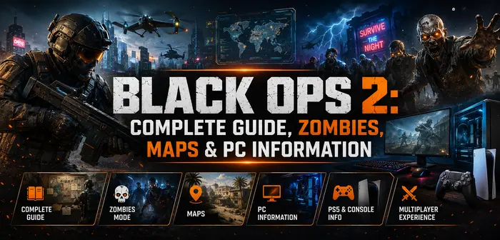 Black Ops 2 complete guide banner featuring Zombies, maps, PC gaming and console information
