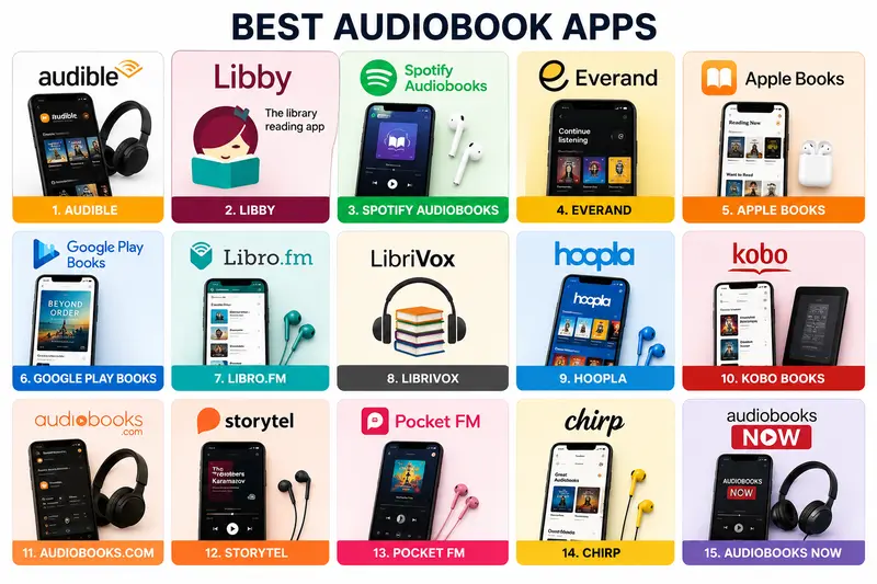 Best Audiobook Apps
Audible
Libby
Spotify Audiobooks
Everand
Apple Books
Google Play Books
Libro.fm
LibriVox
Hoopla
Kobo Books
Audiobooks.com
Storytel
Pocket FM
Chirp