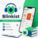 Blinkist app interface showing book summaries, productivity categories, and bite-sized learning on a smartphone